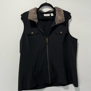 Sleeveless Black Zip Front Vest with Leopard Collar weekends by chicos size 3